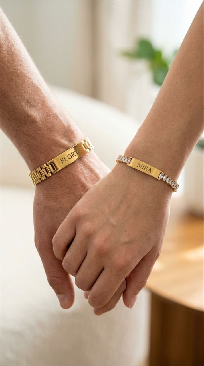 Bracelets élégants en acier inoxydable doré personnalisables avec le prénom de votre choix. Un duo raffiné qui symbolise l’amour, la connexion et les liens précieux entre deux personnes.